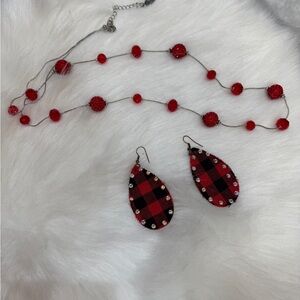 Costume Jewelry Set: Red Bead Necklace + Checkered Earrings